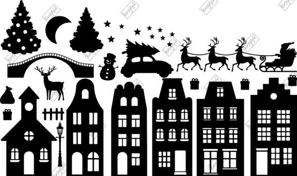 Statische raamstickers Huisjes 2 kerst Herbruikbaar