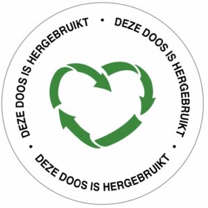 Sticker 50mm rond Deze doos is hergebruikt | per 20 stuks
