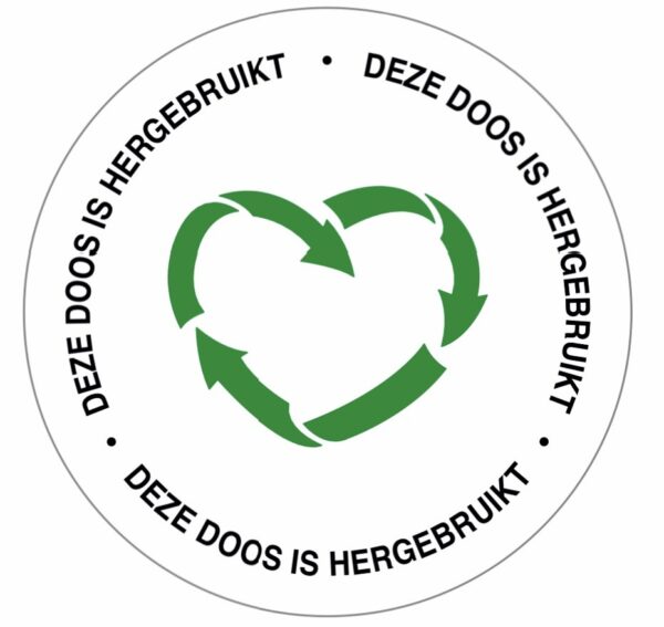 Sticker 50mm rond Deze doos is hergebruikt | per 20 stuks