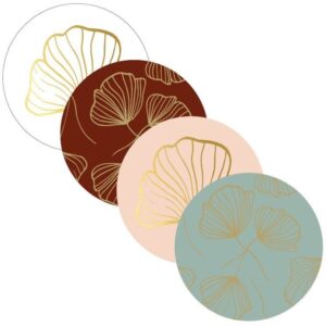 Stickers rond 40mm Natuurlijke kleuren met bladeren in goudfolie | per 20 stuks
